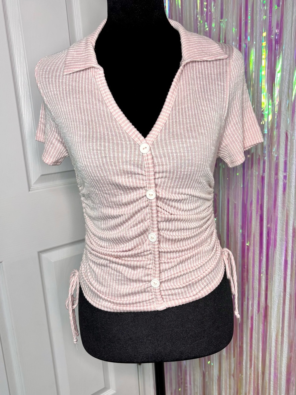 Pale Pink Ribbed Button-Front Collared Top Ruched Tie Sides- Caution To The Wind